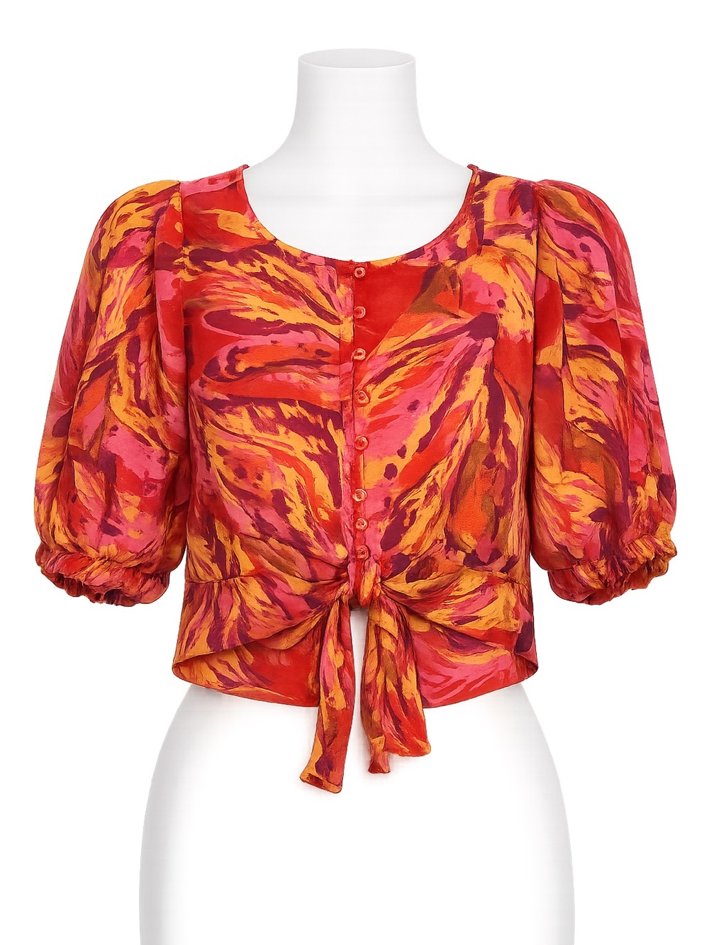 Joie Silk Feel Abstract Print Tie Front Crop Top Pink Orange Puff Sleeve Small